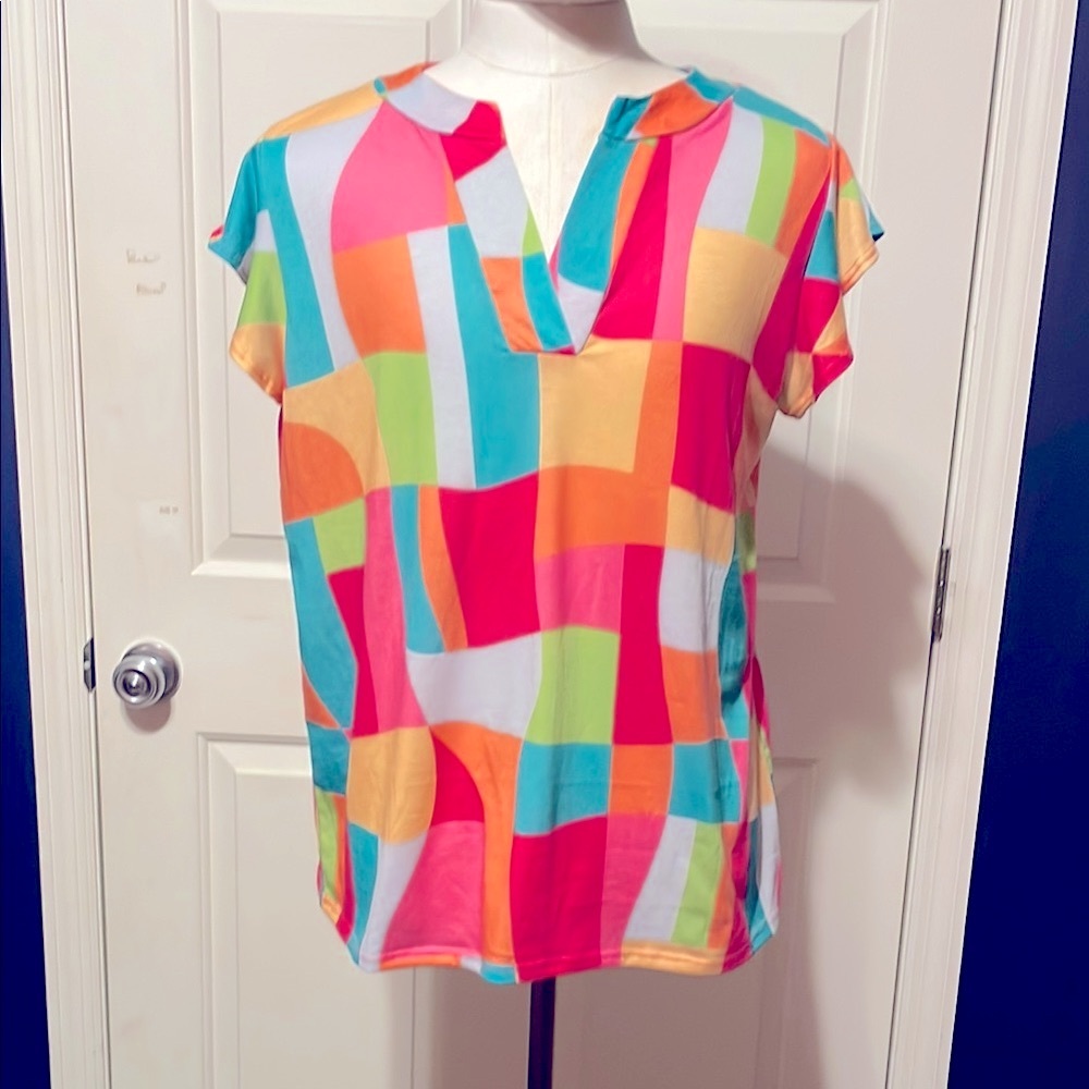 BiBi Graphic Blue Pink Cap Sleeve Blouse